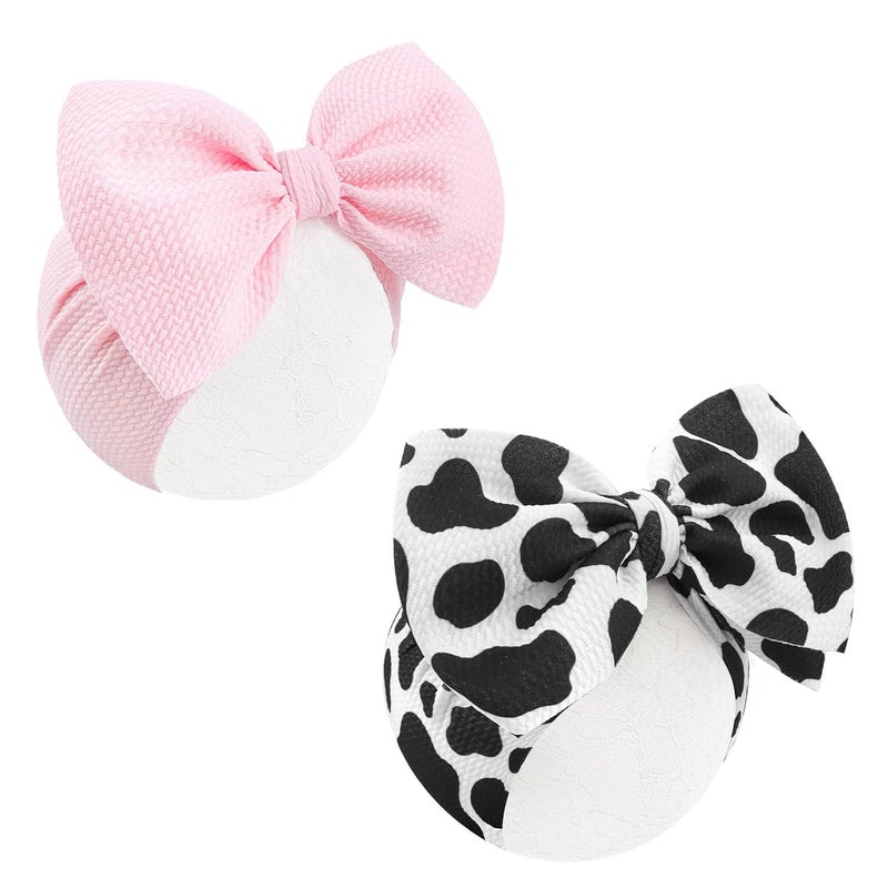 ONENINEDREAM 2Pcs Moo Cow Print 7’’ Hair Bows for Baby Girls Cowgirl Accessories Infant Toddler Baby Girl Headbands Pink Bow Hair Wrap - Image 1